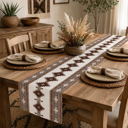 Vista 109 de Camino de mesa étnico del suroeste, navajo tribal nativo americano, bohemio, patrón geométrico azteca, camino de mesa para cocina, mesa de comedor