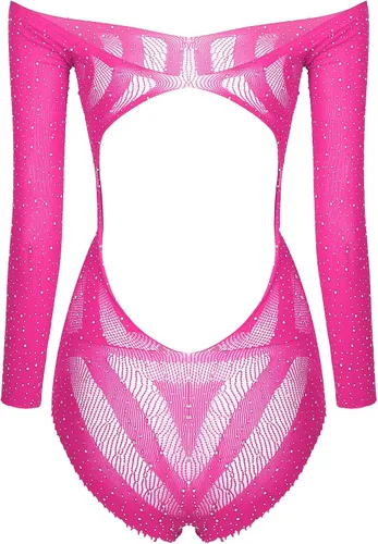 Vista 2 de ACSUSS Mujeres Sexy Off Hombro Body Brillante Con Lentejuelas Malla Bodystockings Babydoll Ropa