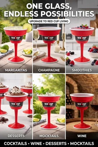 Vista 4 de Red Cup Living Vasos de margarita de plástico reutilizables con tallo de 15 onzas, tazas de cóctel inastillables, copas de fiesta duraderas