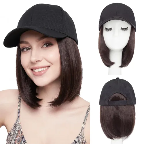 Vista 31 de SEGO - Gorra de béisbol con extensiones de cabello para mujer, resistente al calor, sintético, 6 pulgadas, ajustable, corta, recta, peluca