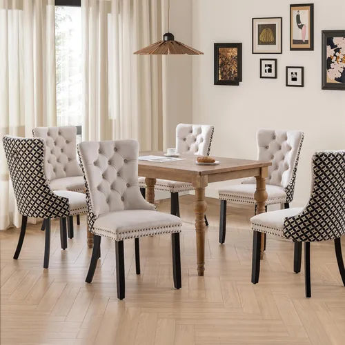 Vista 8 de Juego de 2 sillas de comedor tapizadas de tela de lino, sillas de cocina modernas de mediados de siglo con respaldo alto, ribete de cabeza de clavo
