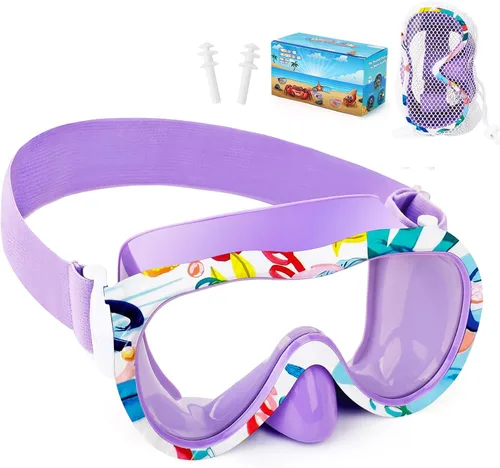 Vista 10 de Gafas de natación para niños con cubierta para la nariz, máscara de esnórquel panorámica de 180° con diseño antivaho y antifugas, correa de tela