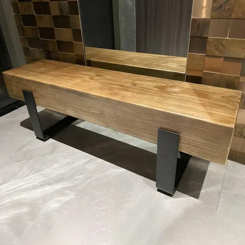 Vista 5 de Banco de comedor de madera, banco de madera para interiores, sin espalda, con patas de metal, silla rústica para patio y jardín, para muebles