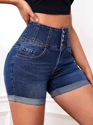 Vista 5 de Floerns Pantalones cortos de mezclilla casuales de cintura alta con botones para mujer