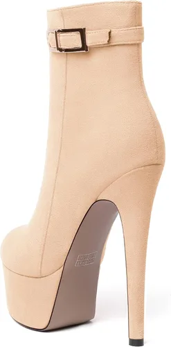 Vista 7 de SKYSTERRY Botas altas de tacón alto de gamuza con cremallera y puntera redonda para mujer, 6 pulgadas