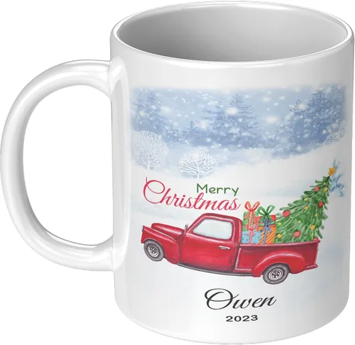 Vista 2 de Yeh Gift Tazas de Navidad personalizadas. Taza de café personalizada con tu nombre y nombre de miembro de la familia. Regalos familiares