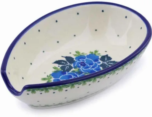 Vista 14 de Auténtico soporte de cuchara de cerámica polaca en diseño de amapolas azules hecho a mano en Bolesławiec Polonia por Ceramika Artystyczna +