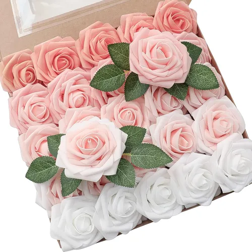 Vista 15 de Floroom Flores artificiales, 25 piezas de rosas falsas de espuma de color verde azulado de aspecto real con tallos para bricolaje, ramos de boda