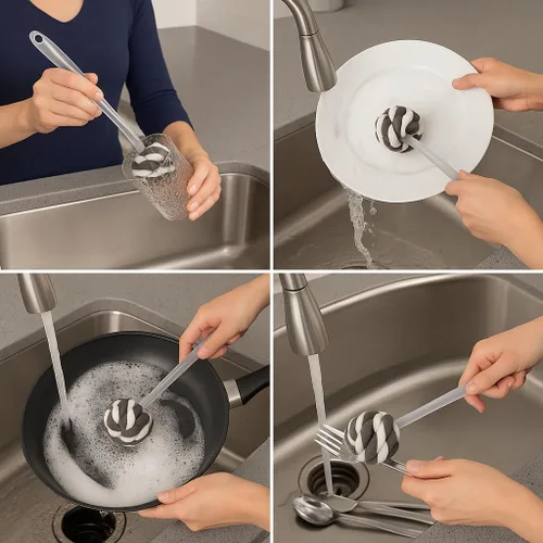 Vista 3 de Cepillo de esponja de vidrio con mango – Cepillo de limpieza de cocina de 11.5 pulgadas para vasos, botellas, platos y jarrones – Esponja suave