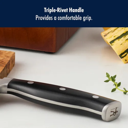 Vista 8 de Henckels Cuchillo Santoku Forged Accent de 7 pulgadas con Filo Hueco, Negro