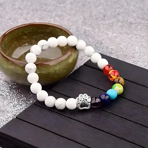 Vista 3 de 7 Chakra Natural Stone Paw Print Bracelet - Elastic Bracelets for Women, Pet Bracelet with Lava Rock Mala Beads - Dog Puppy Cat Animal