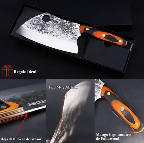 Vista 4 de Kitory Cuchillo de chef serbio, cuchillo de cocina forjado para carnicero, espiga completa, acero de alto carbono, remache de mosaico, mango