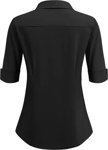 Vista 3 de HOTOUCH Camisas básicas con botones para mujer, manga 3/4, elásticas, con botones, camisa de vestir ajustada para camarera
