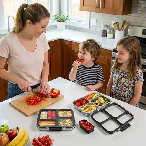 Vista 7 de Caja Bento de acero inoxidable para niños con recipiente de silicona, lonchera metálica de 4 compartimentos para niños y adultos, sello de silicona
