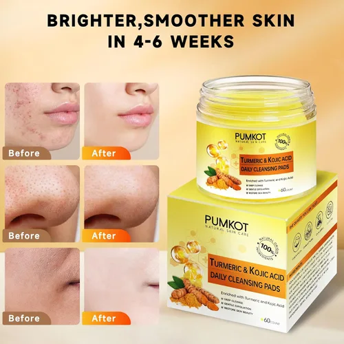 Vista 4 de Pumkot Almohadillas de Limpieza de Cúrcuma y Ácido Kójico, Almohadillas de Exfoliación Facial de Cúrcuma Enriquecidas con Ácido Kójico, 60 Piezas