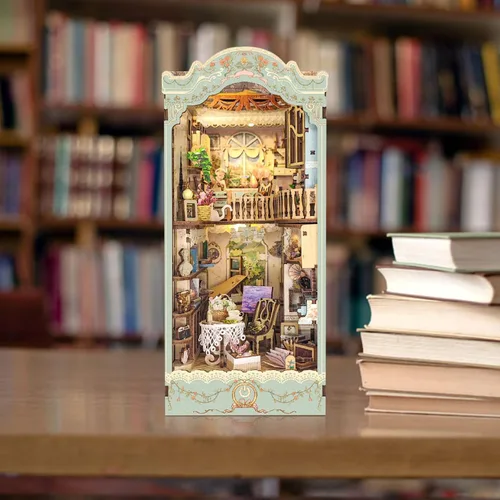 Vista 5 de Kit de bricolaje para rincón de libros, inserto de estantería para casa de muñecas, rompecabezas de madera 3D con cubierta antipolvo LED, kit