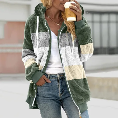 Vista 2 de SNKSDGM Chaqueta de invierno para mujer, forro polar peludo, de piel sintética, para otoño e invierno, con capucha