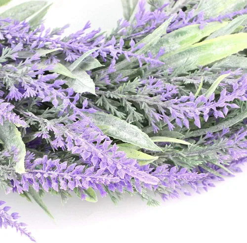 Vista 7 de Buachois Corona de lavanda artificial de 11 pulgadas para puerta delantera, corona de flores moradas con hojas verdes, corona de granja