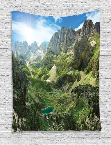 Vista 41 de Ambesonne Tapiz de paisaje, paisaje primaveral con prado por la montaña y el cielo, impresión vívida de la naturaleza, para colgar en la pared