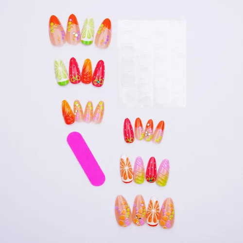Vista 5 de Uñas postizas de almendra medianas MABKJLF con punta francesa, uñas falsas 3D con diseños de pedrería de flores de fresa, uñas pegajosas brillantes 1