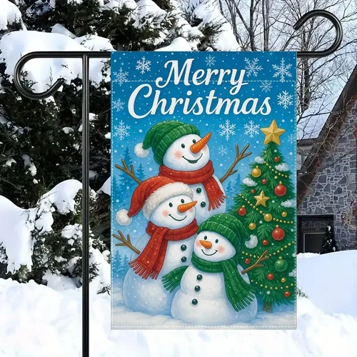 Vista 4 de Bandera de jardín de Navidad ActFirst de 12 x 18 pulgadas, bandera de muñeco de nieve de familia de Navidad Feliz con árbol, pequeña decoración