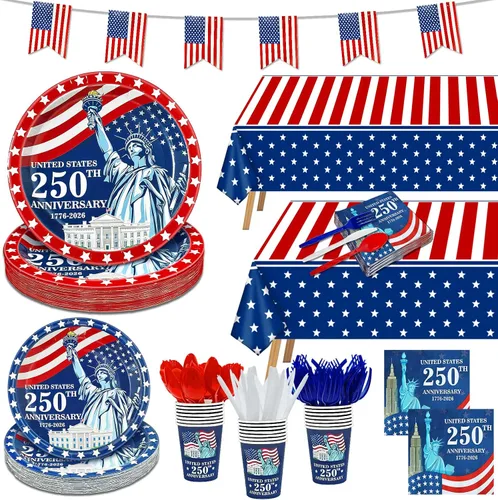 Vista 7 de 256 piezas de decoración del 4 de julio, 250 aniversario, bandera patriótica estadounidense, suministros para fiesta, 32 4 de julio, platos de papel