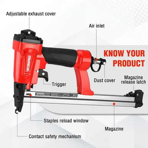 Vista 4 de WORKPRO - Pistola de grapas neumática de calibre 20, grapadora T50 sin aceite para tapicería con 1260 piezas de grapas de 1/4" a 5/8", cargador