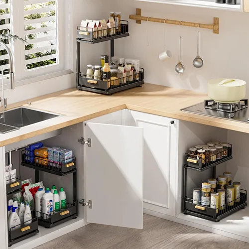 Vista 8 de Organizador bajo el fregadero, Organizador de 2 niveles alto y ajustable bajo el fregadero de la cocina, estante de almacenamiento multiuso