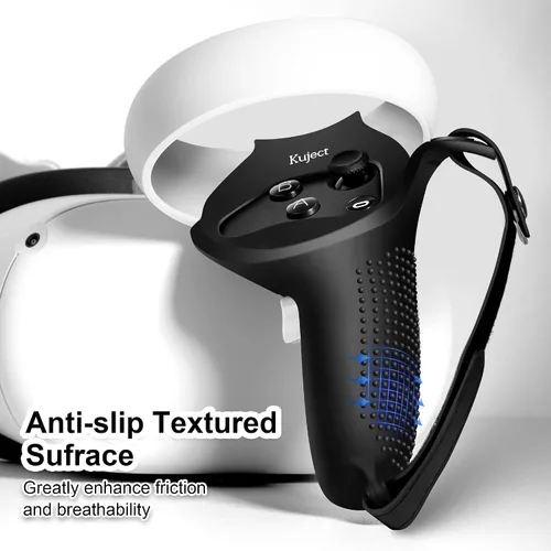 Vista 3 de Kuject Empuñaduras de control de diseño para Oculus Quest 2, funda de silicona antitiramiento con correas ajustables para nudillos, protector