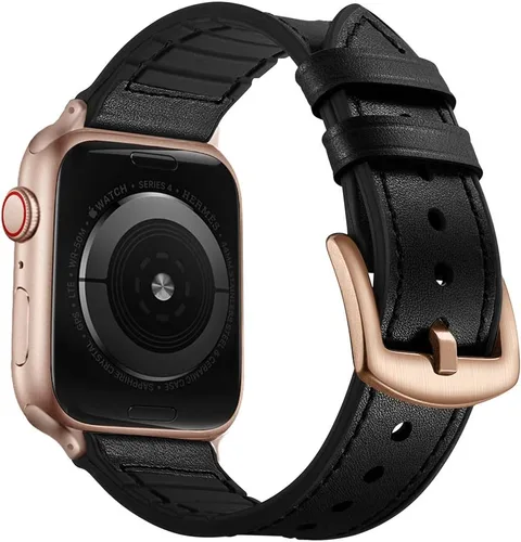 Vista 17 de OUHENG Correas de cuero compatibles con Apple Watch de 42mm 41mm 40mm 38mm, correa híbrida de cuero genuino y goma para iWatch Series 11 10 9 8 7 6