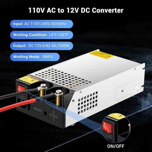 Vista 2 de Convertidor de 1000 W, convertidor de 110 V CA a 12 V CC, fuente de alimentación, transformador de interruptor de corriente máxima de 83 A CC
