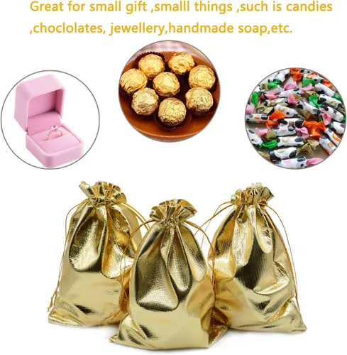 Vista 2 de Paquete de 100 bolsas de organza doradas resistentes de 3.54"x4.72" con cordón para joyería, boda, fiesta, Navidad, favor, regalo, dulces, chocolate