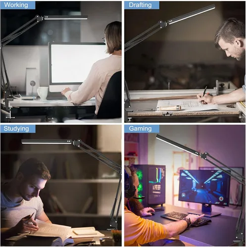 Vista 7 de Lámpara de escritorio LED, lámpara de escritorio ajustable con brazo oscilante con abrazadera, luz de escritorio regulable para el cuidado