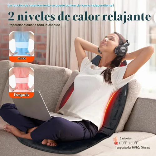 Vista 3 de Masajeador de espalda con calor, 5 modos de vibración y 2 niveles de calor, almohadilla de masaje para silla, cojín de masaje eléctrico