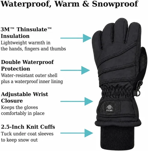 Vista 2 de N'Ice Caps - Guantes térmicos de invierno para niños, impermeables y cálidos Negro