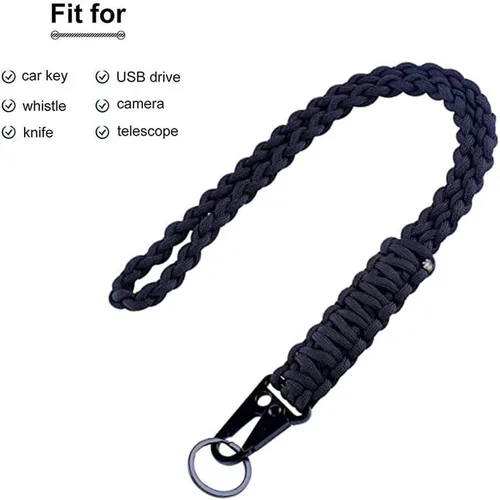 Vista 7 de Llavero de cuello trenzado fuerte con clips de metal, 2 paquetes de cuerda de paracaídas, cámara, teléfono celular, llaves, viaje, supervivencia al