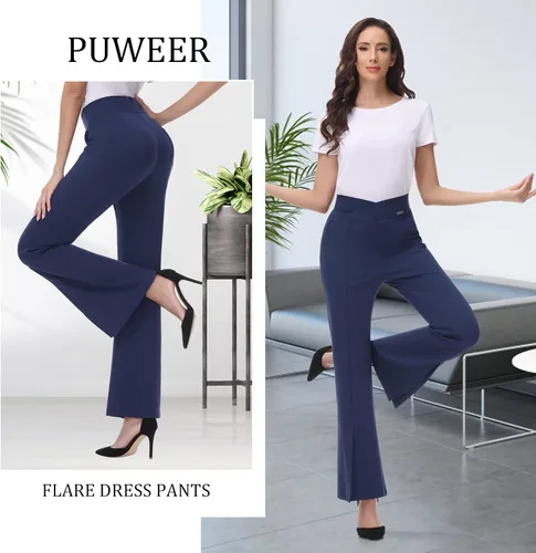 Vista 5 de PUWEER Pantalones acampanados para mujer, de cintura alta, casuales, de negocios, pantalones de trabajo con bolsillos