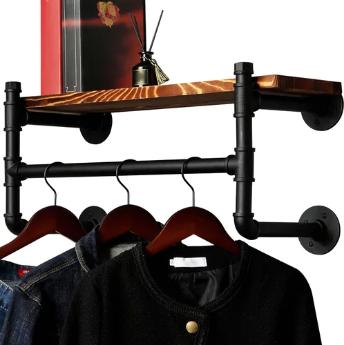 Vista 7 de WEBI Perchero de pared con estante, perchero industrial de 24 pulgadas con estantes, barra de ropa de hierro resistente, barra de ropa de exhibición