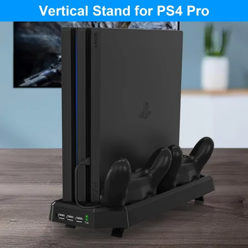 Vista 6 de Estación de carga de controlador para PS4PS4 SlimPS4 Pro, soporte vertical PS4 con estación de carga de doble controlador, ventilador