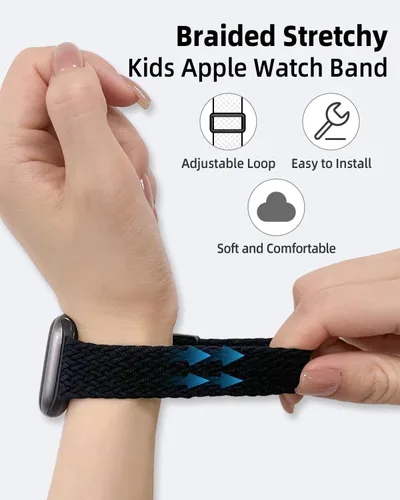 Vista 4 de OWKEY Correa trenzada Solo Loop compatible con Apple Watch para niños, correa elástica transpirable con hebilla fácil para iWatch Series 9, 8, 7, 6