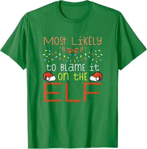 Vista 4 de Camiseta de Navidad familiar a juego con la frase "Most Likely To Blame It On The Elf" Negro