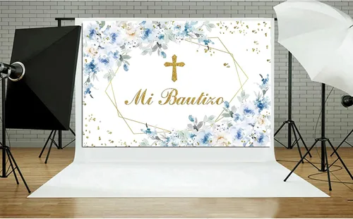 Vista 4 de Mi Bautizo - Telón de fondo de fotografía de flor de peonía azul, angel, primera comunión, bautismo, decoración de fiesta, bautizo, baby shower