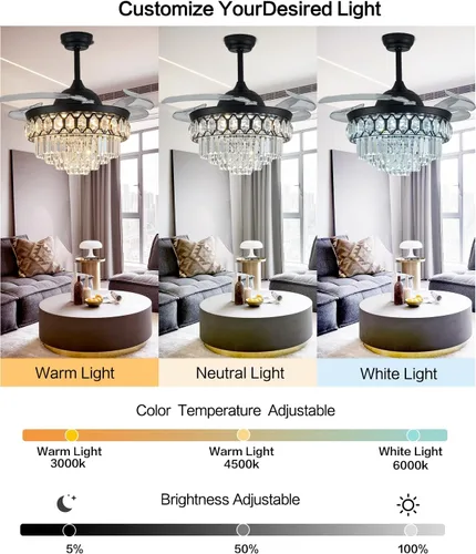 Vista 2 de Ventilador de techo LED de cristal regulable de 42 pulgadas con luces y control remoto, moderno ventilador de iluminación de techo retráctil