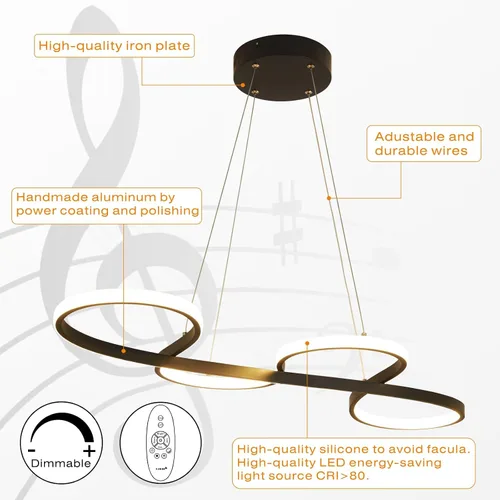 Vista 6 de Lámpara LED negra regulable moderna para comedor sobre mesa, altura ajustable con control remoto