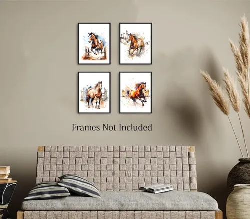 Vista 2 de LNLAGBO Arte de pared de caballo, impresión de caballo en acuarela, carteles de caballos salvajes, arte de lienzo de animales coloridos, imagen