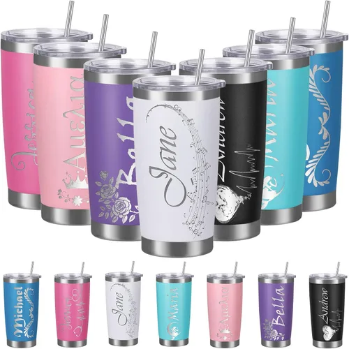Vista 13 de Vasos personalizados con tapa y pajita, vaso aislado personalizado grabado con nombre, vaso de café de acero inoxidable, regalos para hombres y Negro