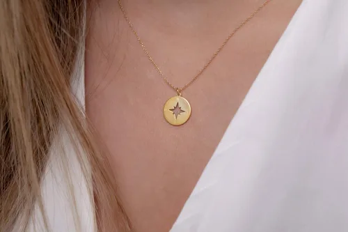 Vista 2 de Round Compass Necklace for Women, Dainty Compass Disc Necklace in Solid Gold 9K,14K, &18K, Perforated Compass Necklace Open Compass