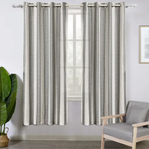 Vista 97 de DriftAway Cortinas de estilo granja con rayas verticales de lino mezclado texturizado con filtro de luz semitransparente para sala de estar