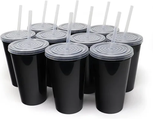 Vista 17 de Rolling Sands Vasos de plástico reutilizables de 22 onzas con tapas, paquete de 10, vasos variados fabricados en Estados Unidos; incluye 10 popotes