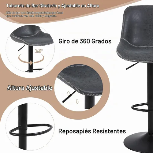 Vista 5 de Juego de 2 taburetes de bar, taburetes de bar giratorios de altura de mostrador con respaldo, sillas de bar ajustables, taburete alto sin brazos